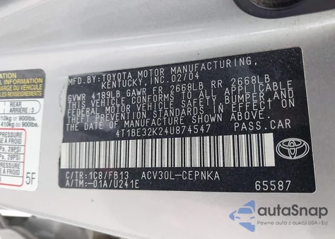 2004 Toyota Camry Le from USA, damaged, VIN 4T1BE32K24U874547